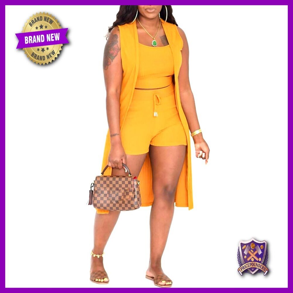 Ribbed 3-Piece Lounge Set: Sleeveless Cardigan, Crop Top, Bodycon Shorts